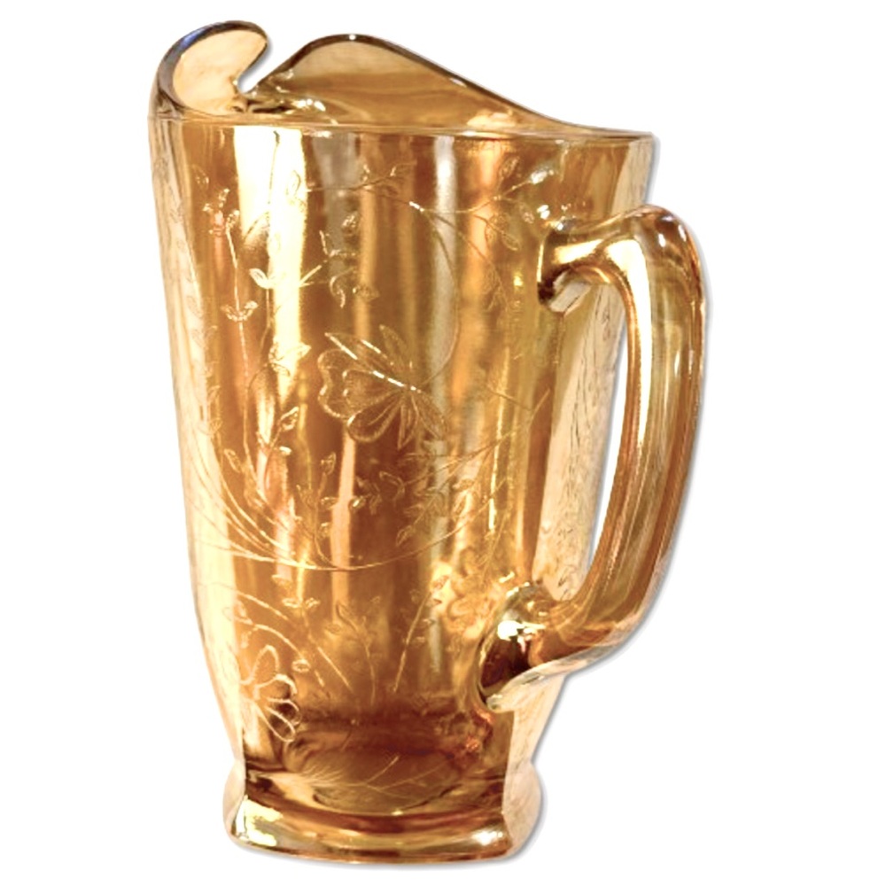 JEANETTE GLASS FLORAGOLD MARIGOLD IRIDESCENT DEPRESSION STYLE PITCHER 1950s 🟠